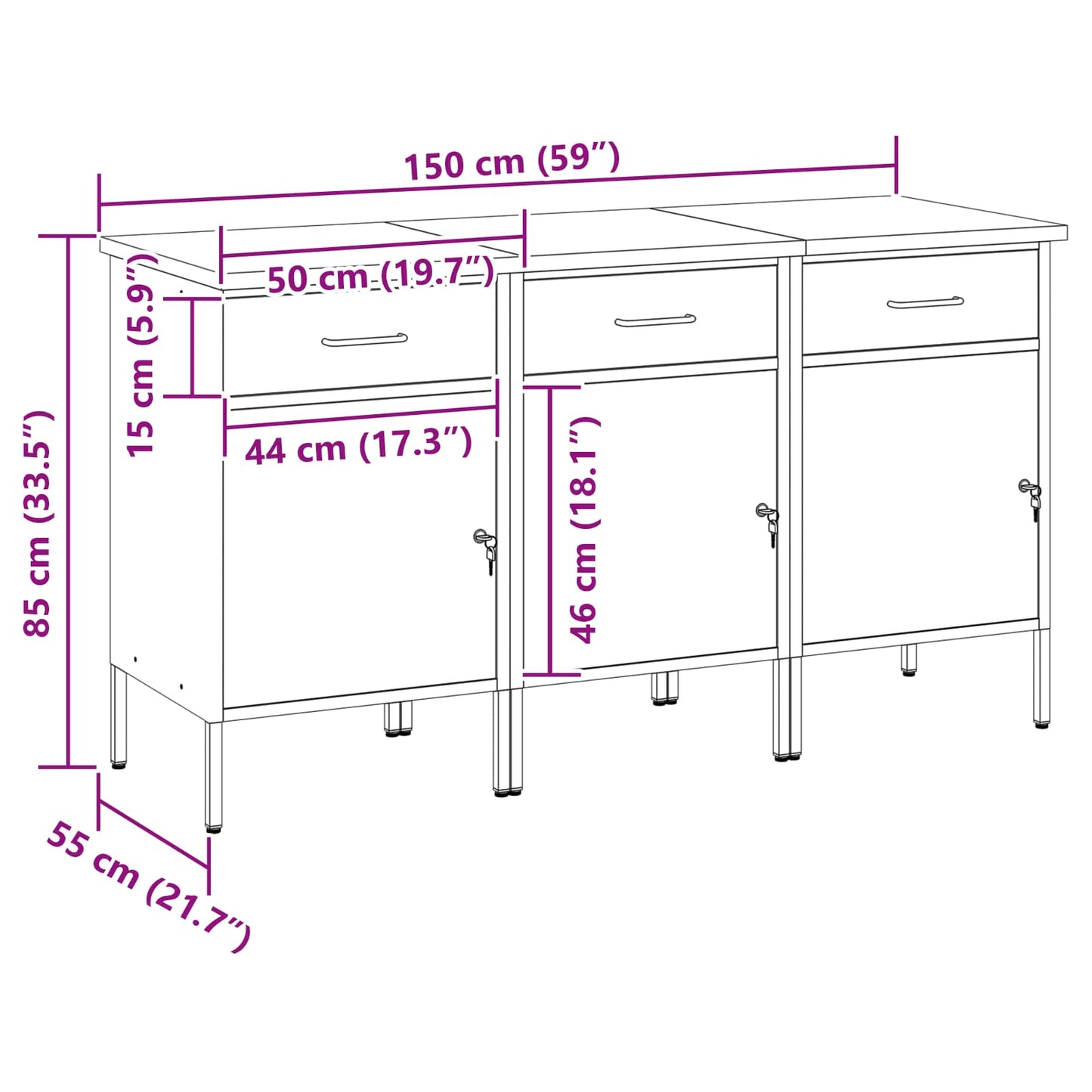 Work Cabinet with Drawer 3 pcs Black and Grey 150 x 55 x 85 cm