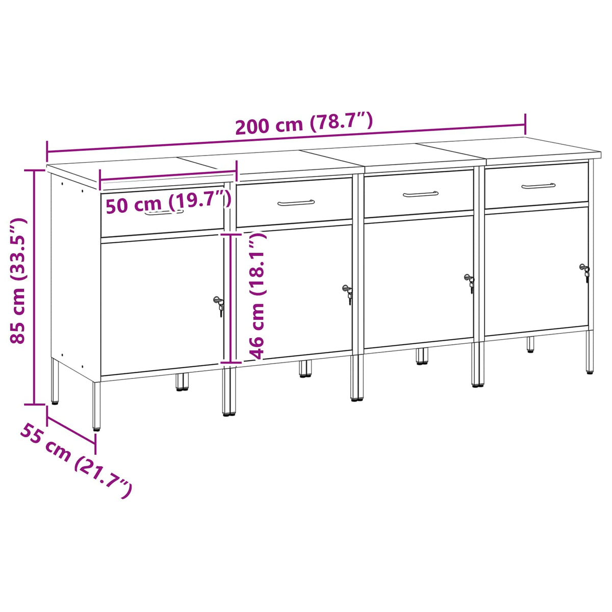 Work Cabinet with Drawer 4 pcs Black and Grey 200 x 55 x 85 cm