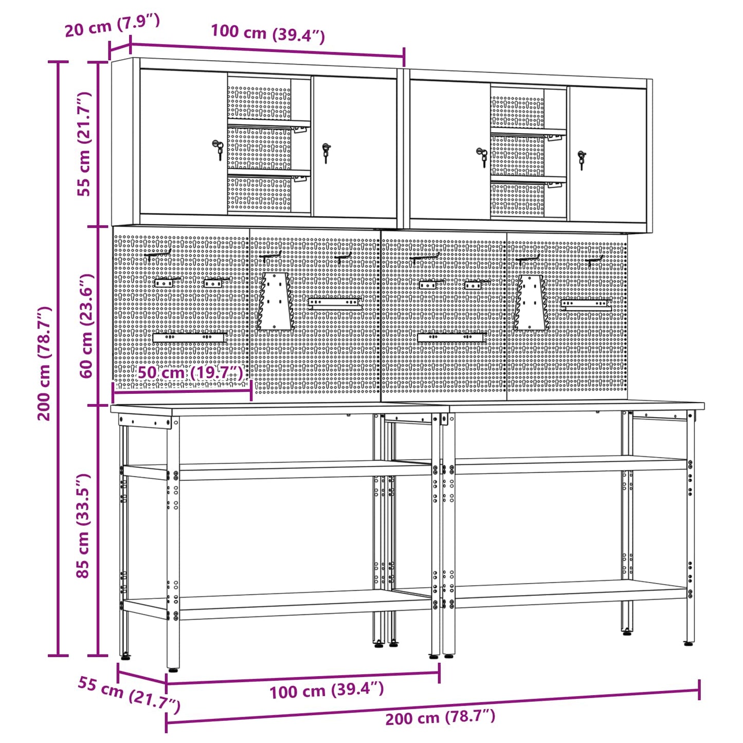Work Bench Set 8 pcs Red and Grey Powder-Coated Steel
