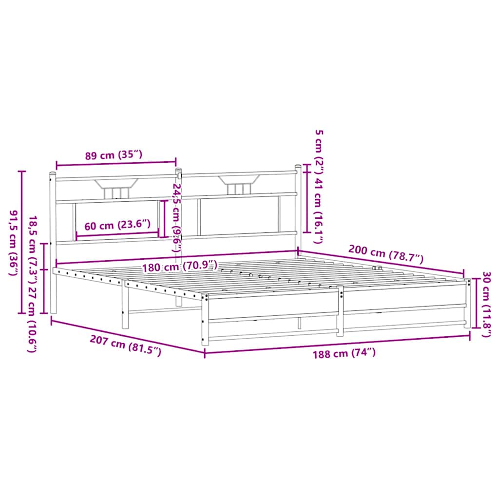 Metal Bed Frame without Mattress Smoked Oak 180x200 cm Super King