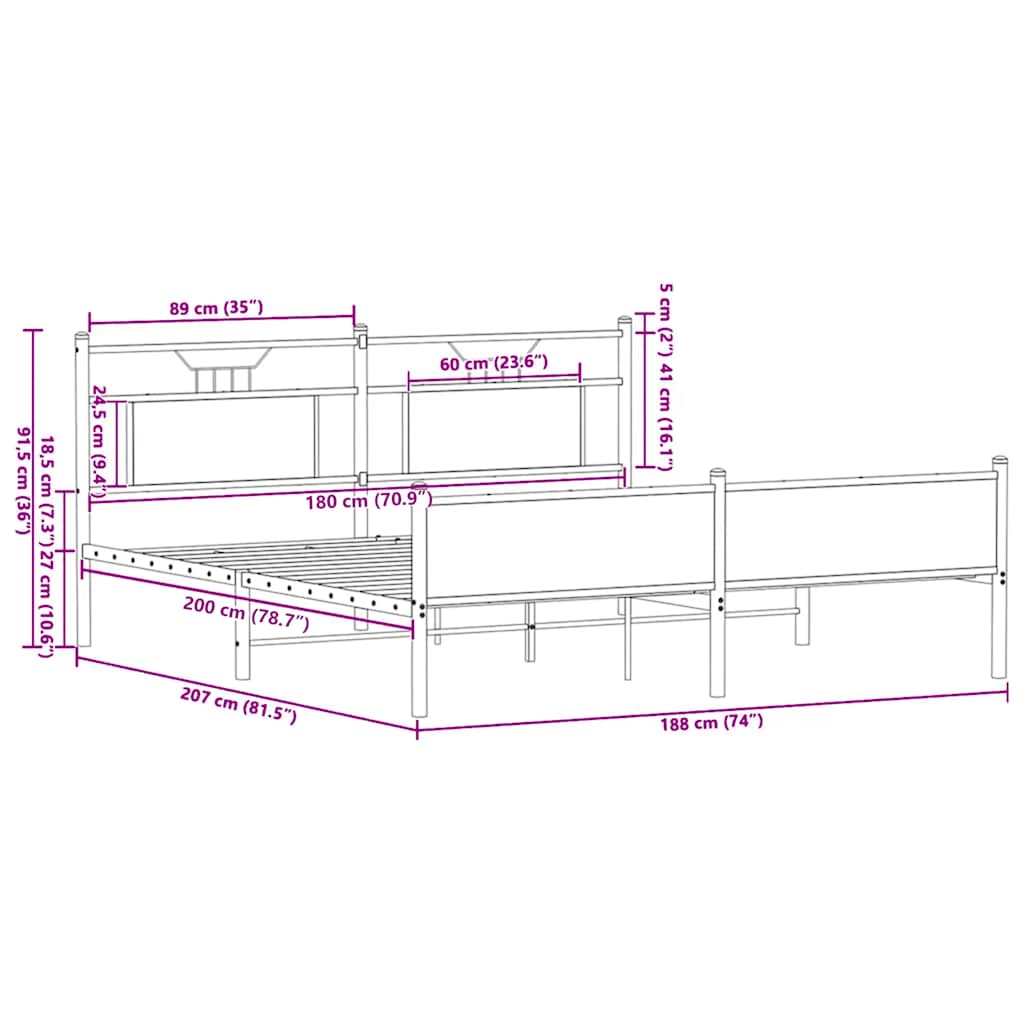 Metal Bed Frame without Mattress Smoked Oak 180x200 cm Super King