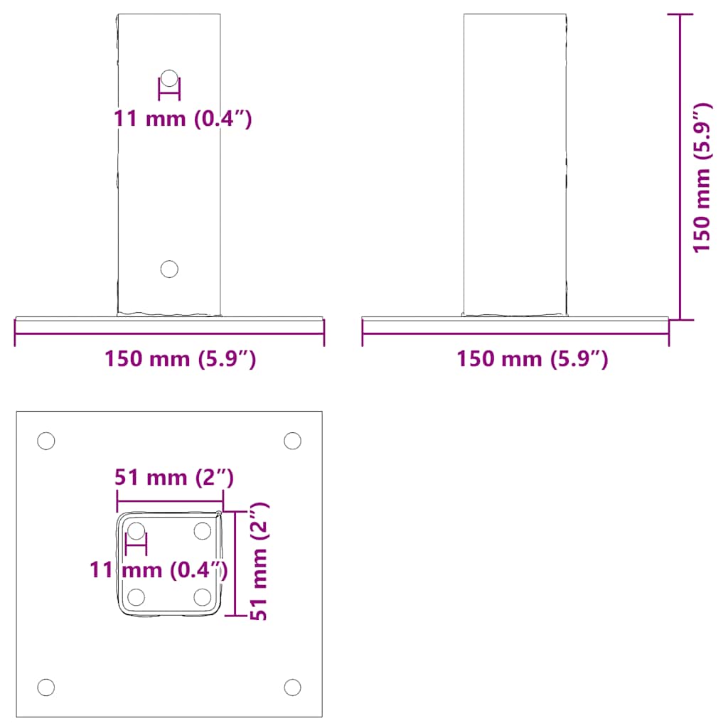 Post Bases Square 4 pcs Silver 51x51 mm Galvanised Steel