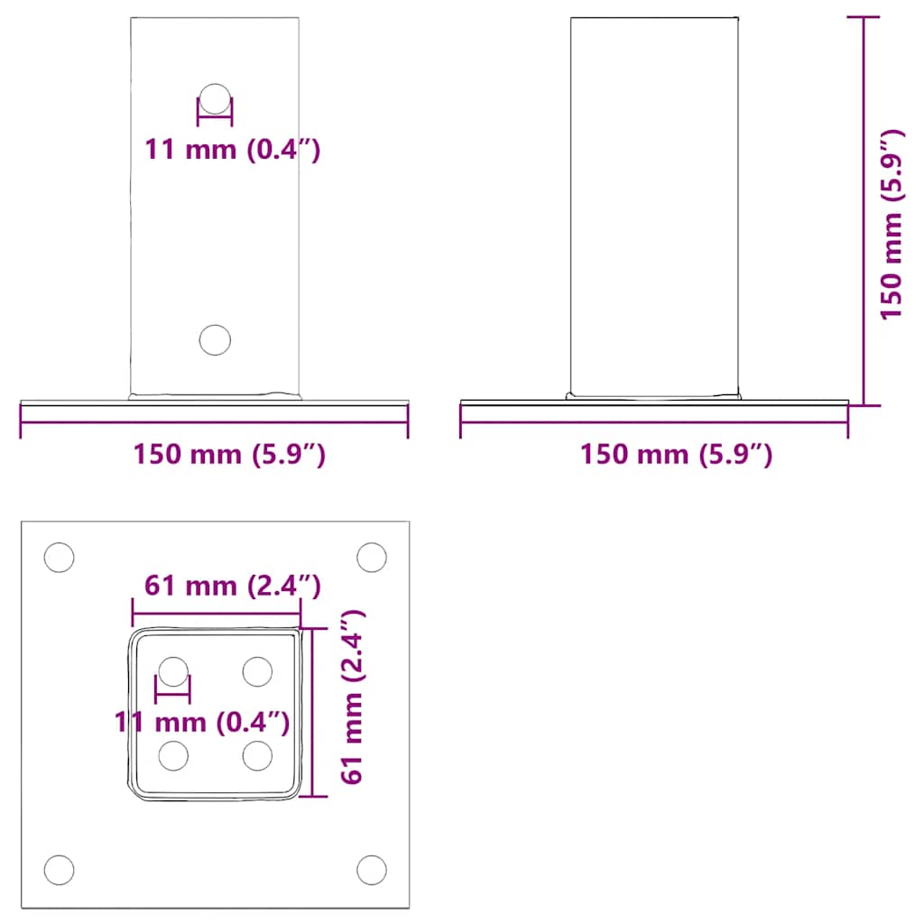 Post Bases Square 4 pcs Silver 61x61 mm Galvanised Steel