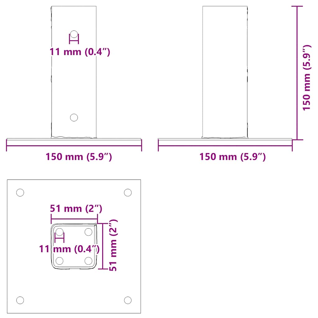 Post Bases Square 4 pcs Anthracite 51x51 mm Powder-coated Steel