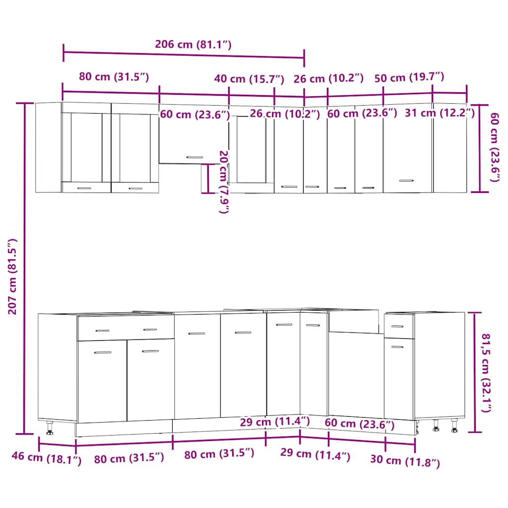 11 Piece Kitchen Cabinet Set Lyon" Old Wood Engineered Wood