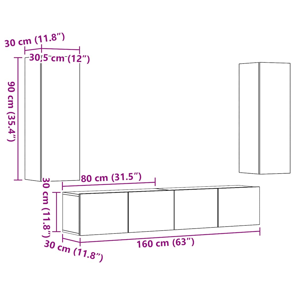 4 Piece Wall-mounted TV Cabinet Set Old Wood Engineered Wood