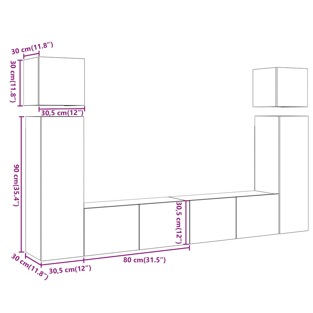 8 Piece TV Cabinet Set Wall-mounted Old Wood Engineered Wood
