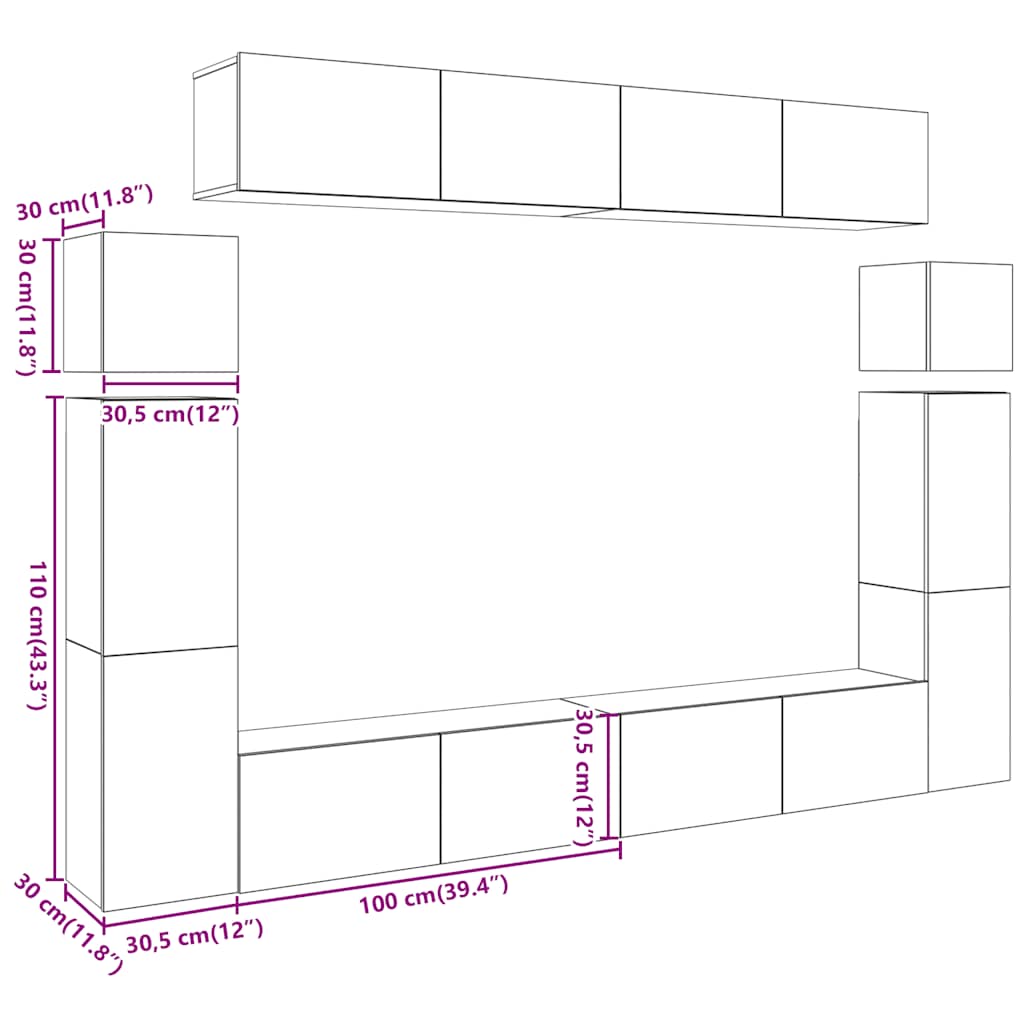 8 Piece TV Cabinet Set Wall-mounted Old Wood Engineered Wood