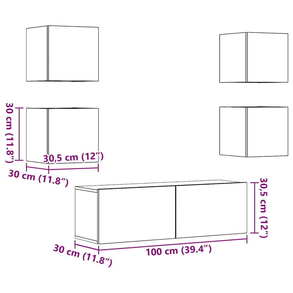 5 Piece TV Cabinet Set Wall-mounted Old Wood Engineered Wood