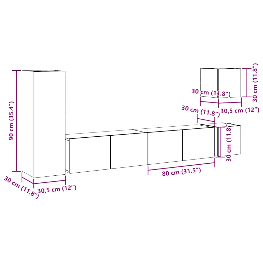 5 Piece TV Cabinet Set Wall-mounted Old Wood Engineered Wood