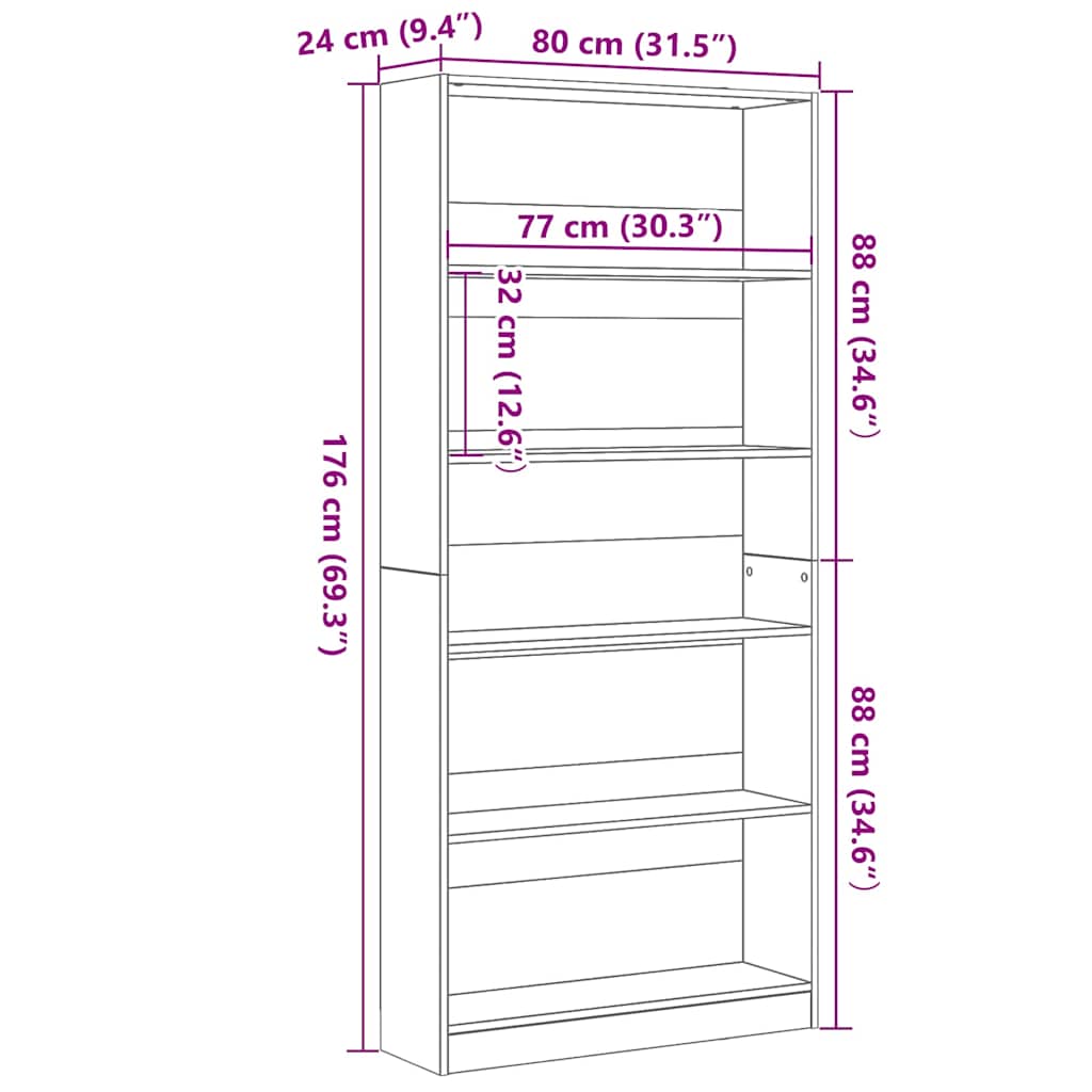 Bookcase Black Oak 80x24x176 cm Engineered Wood
