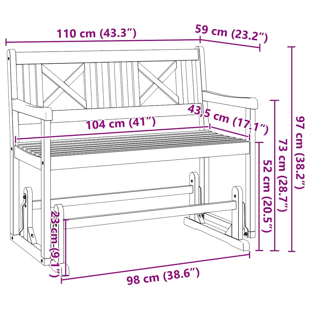 Garden Glider Bench Natural 110 x 59 x 97 cm Solid Acacia Wood