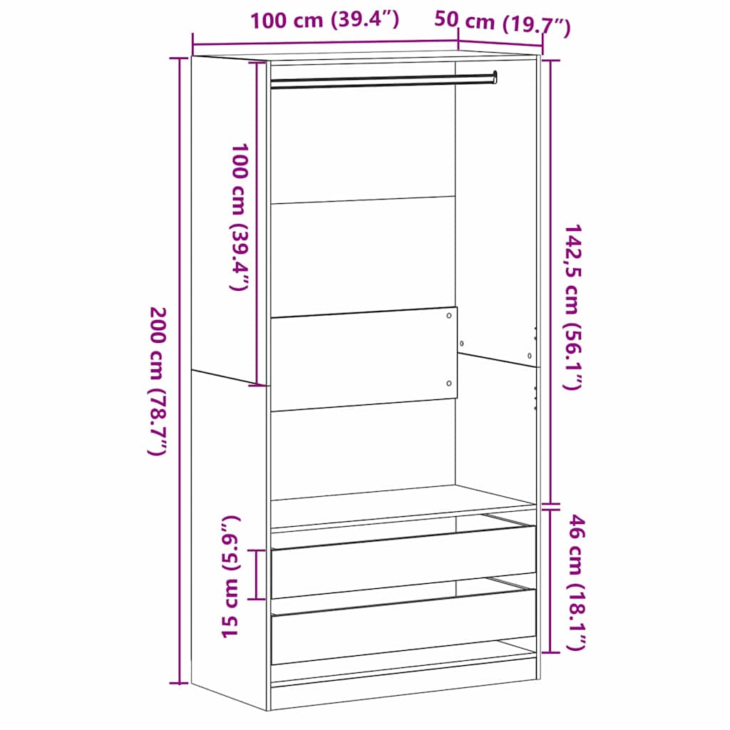 Wardrobe Black Oak 100 x 50 x 200 cm Engineered Wood
