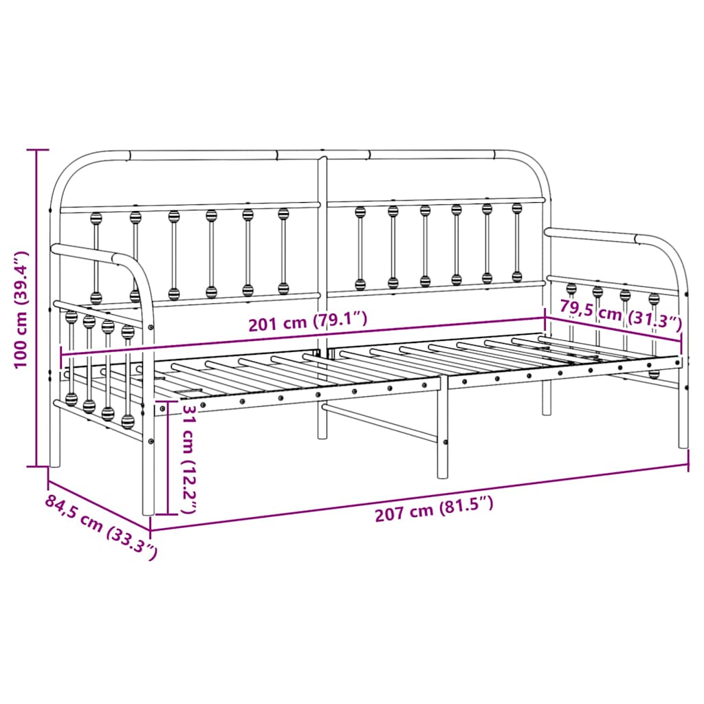 Daybed Frame Black 80 x 200 cm Powder-Coated Steel