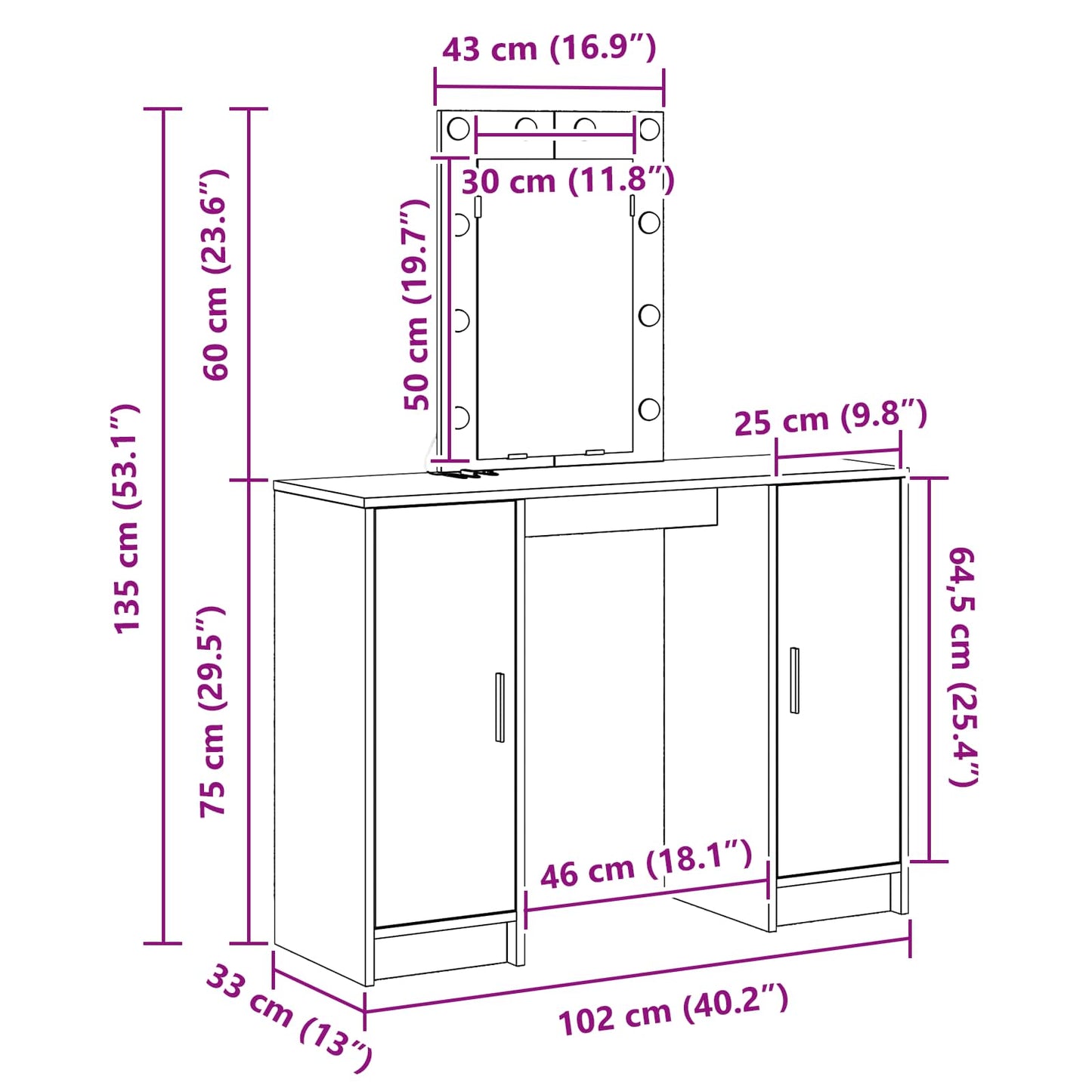 Dressing Table White 102 x 33 x 135 cm Engineered Wood