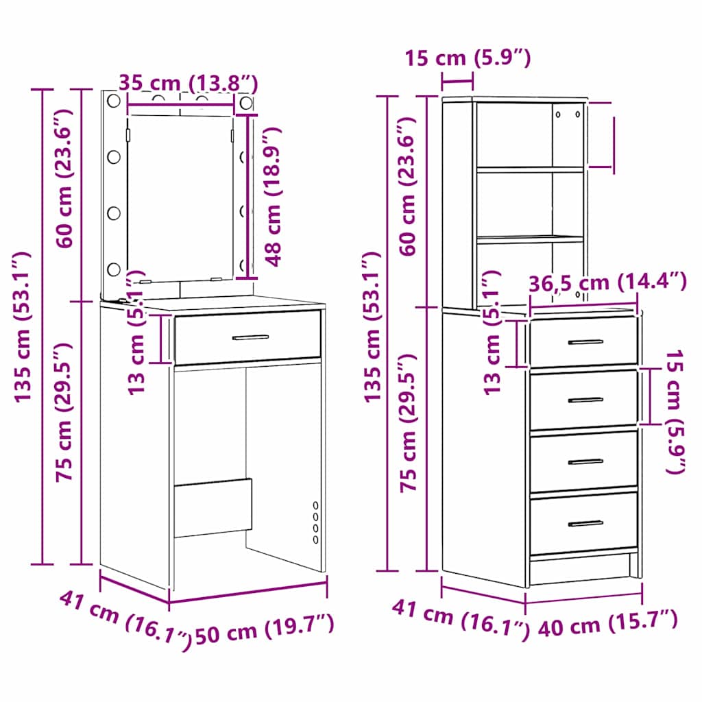 Dressing Table 2 pcs Brown 50 x 41 x 135 cm Engineered wood