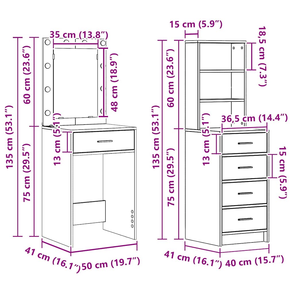 Dressing Table 2 pcs Grey 50 x 41 x 135 cm Engineered wood