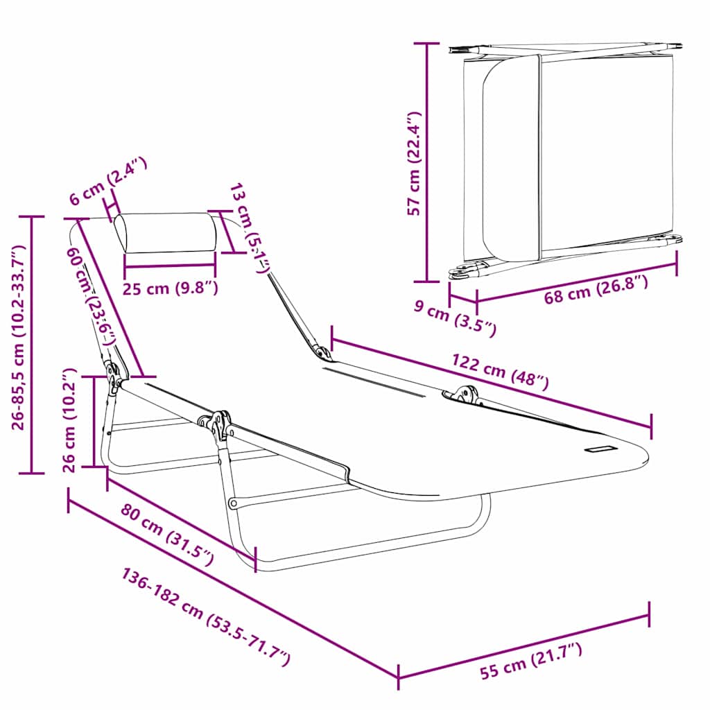 Folding Sun Lounger Folding Black 182 x 55 x 85.5 cm Textilene