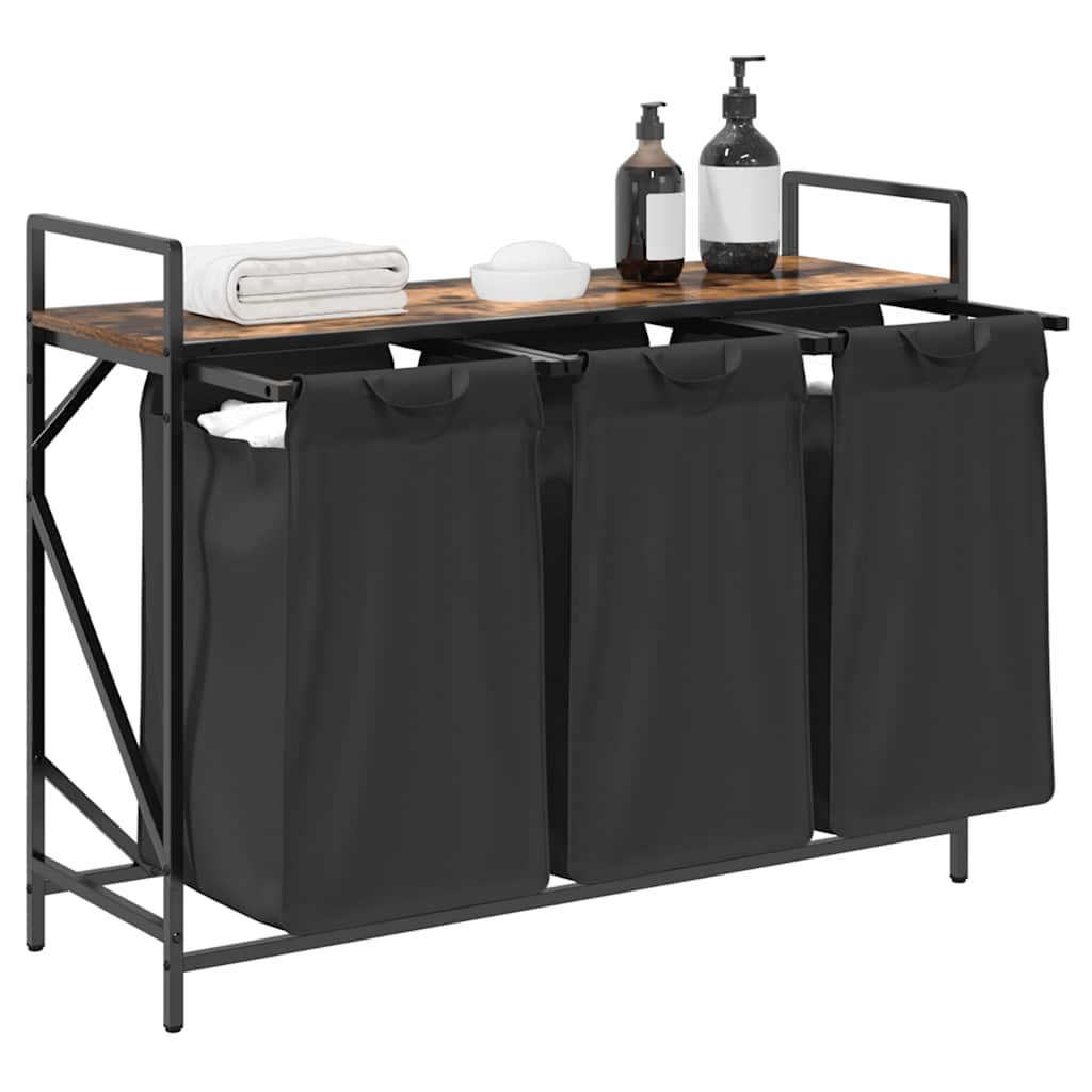Laundry Basket 3 Compartments with Shelf Smoked Oak