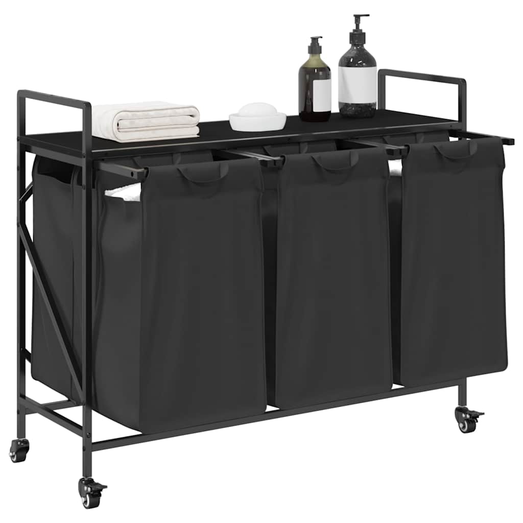 Laundry Basket 3 Compartments with Wheels Black Oak