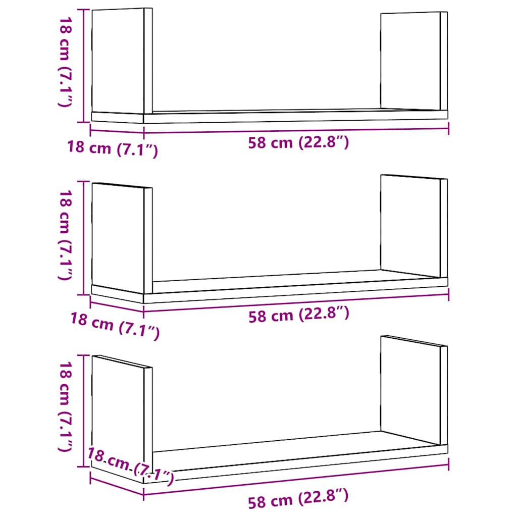 Wall Shelves 3 pcs Black Oak 58x18x18 cm Engineered Wood