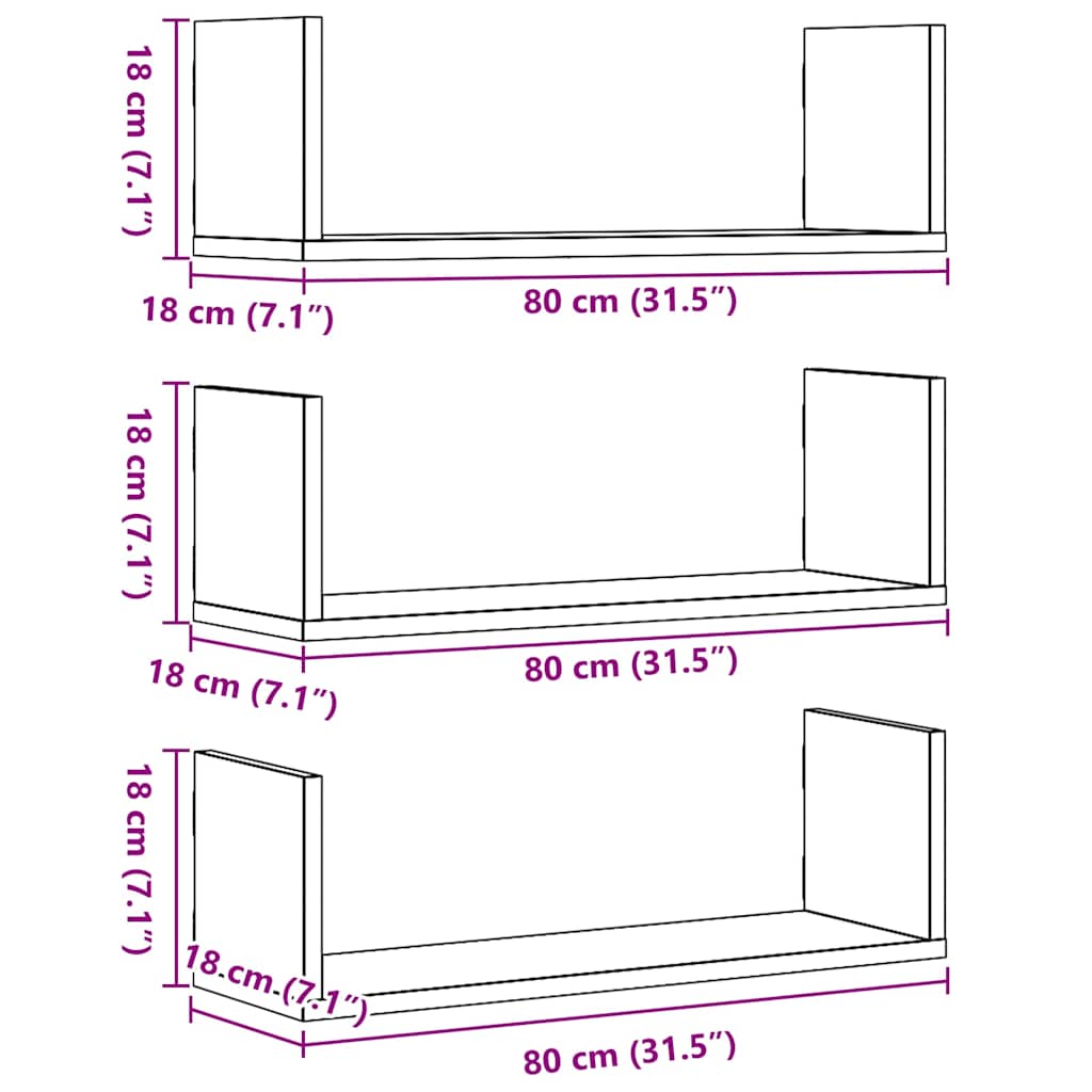 Wall Shelves 3 pcs Black Oak 80x18x18 cm Engineered Wood