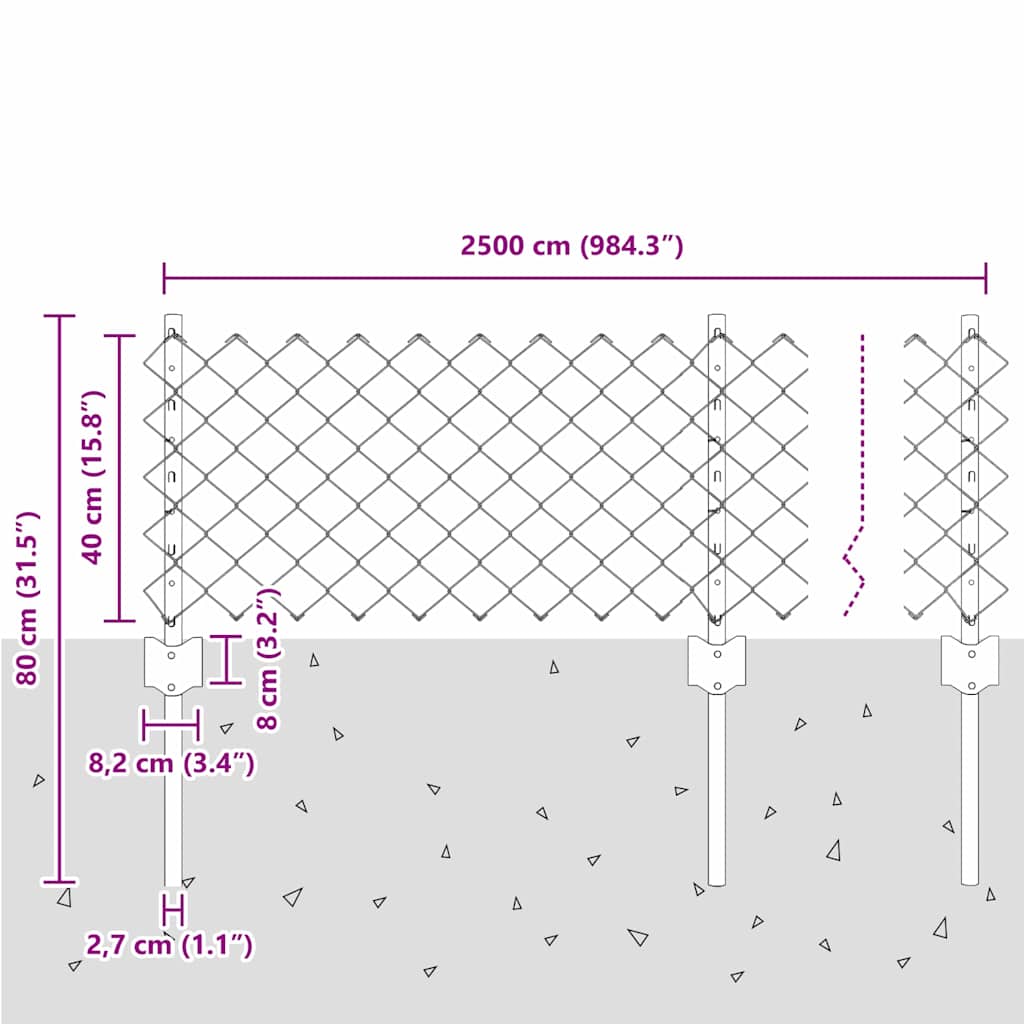 Chainlink Fence with Post 25 x 0.4 m Galvanised Steel Silver