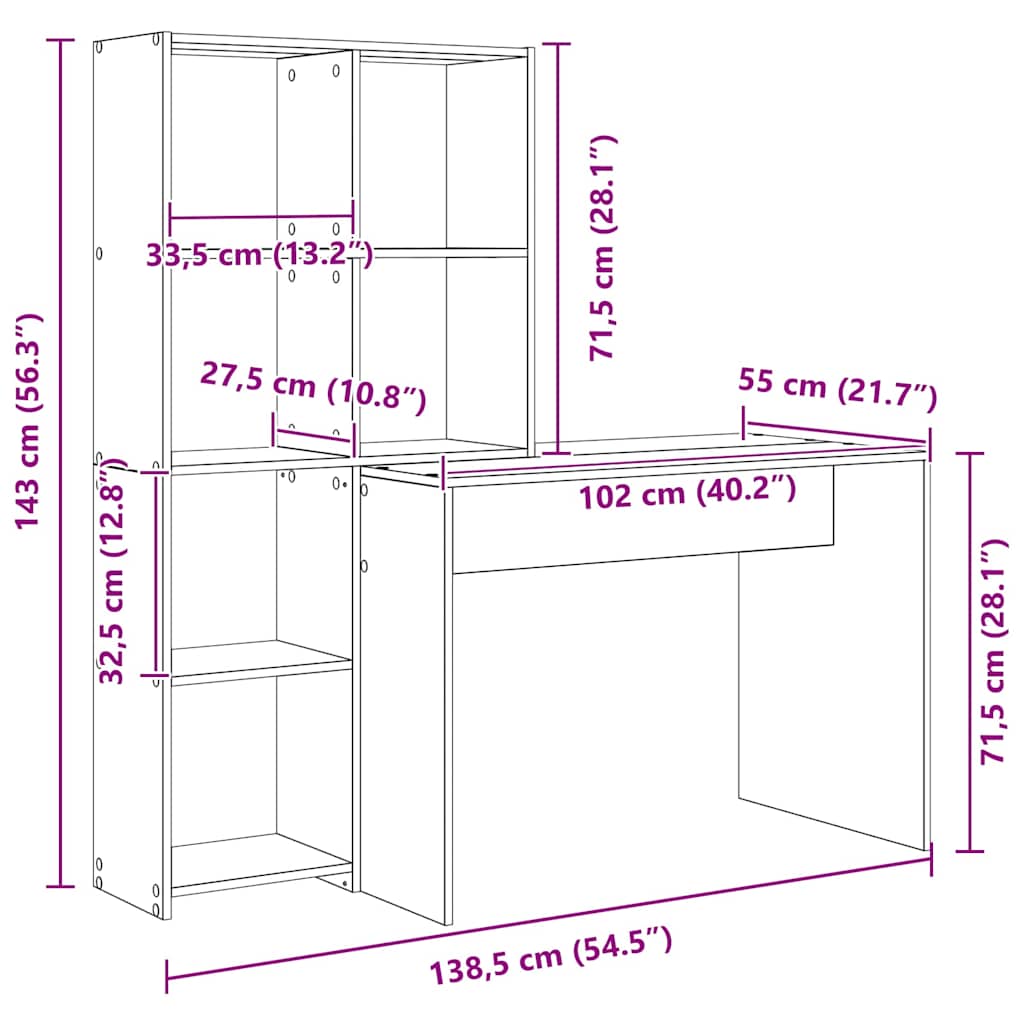 Desk with Shelf White 138.5 x 55 x 143 cm Engineered Wood