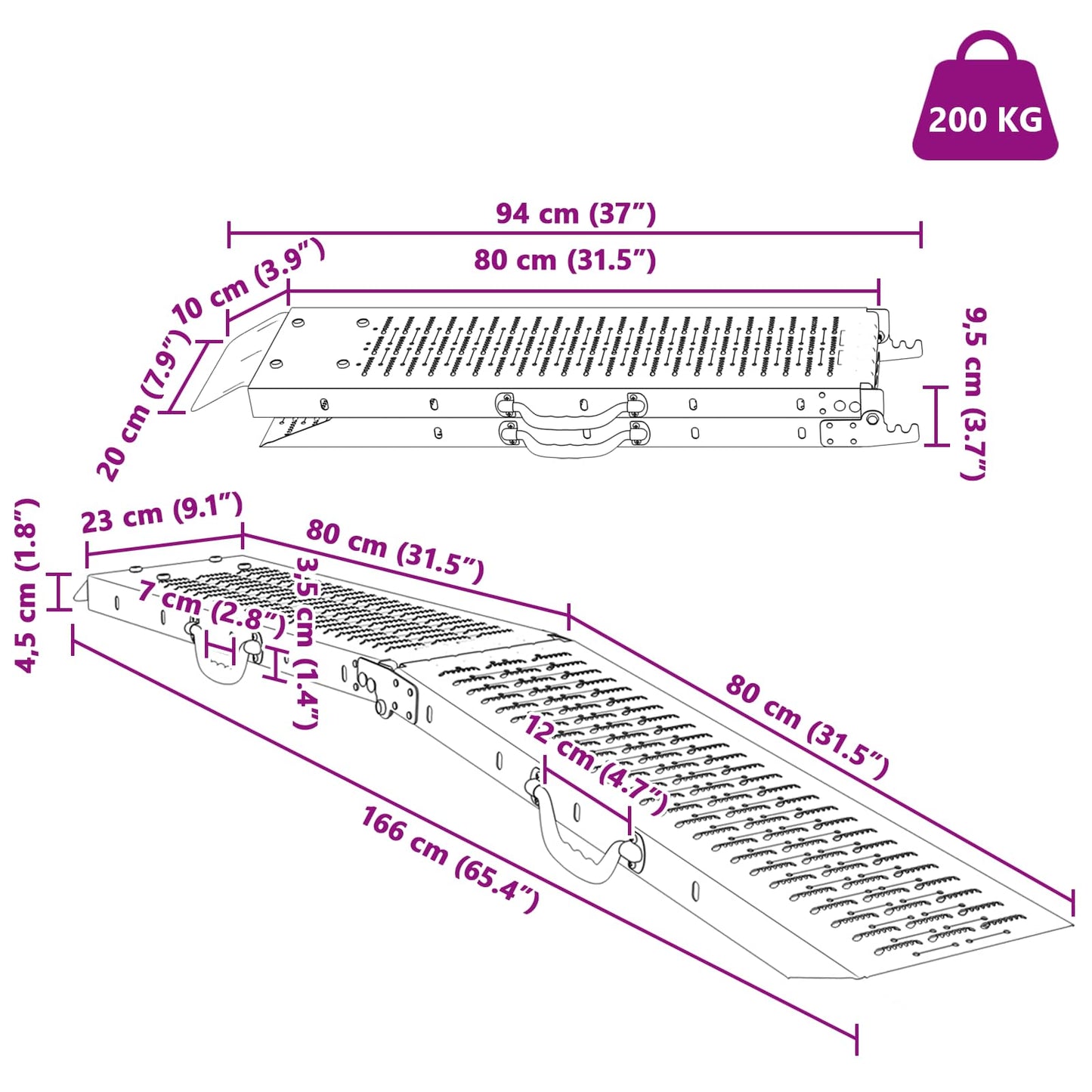 Foldable Ramp 200kg per ramp 2 pcs Silver 166 x 23 x 4.5 cm