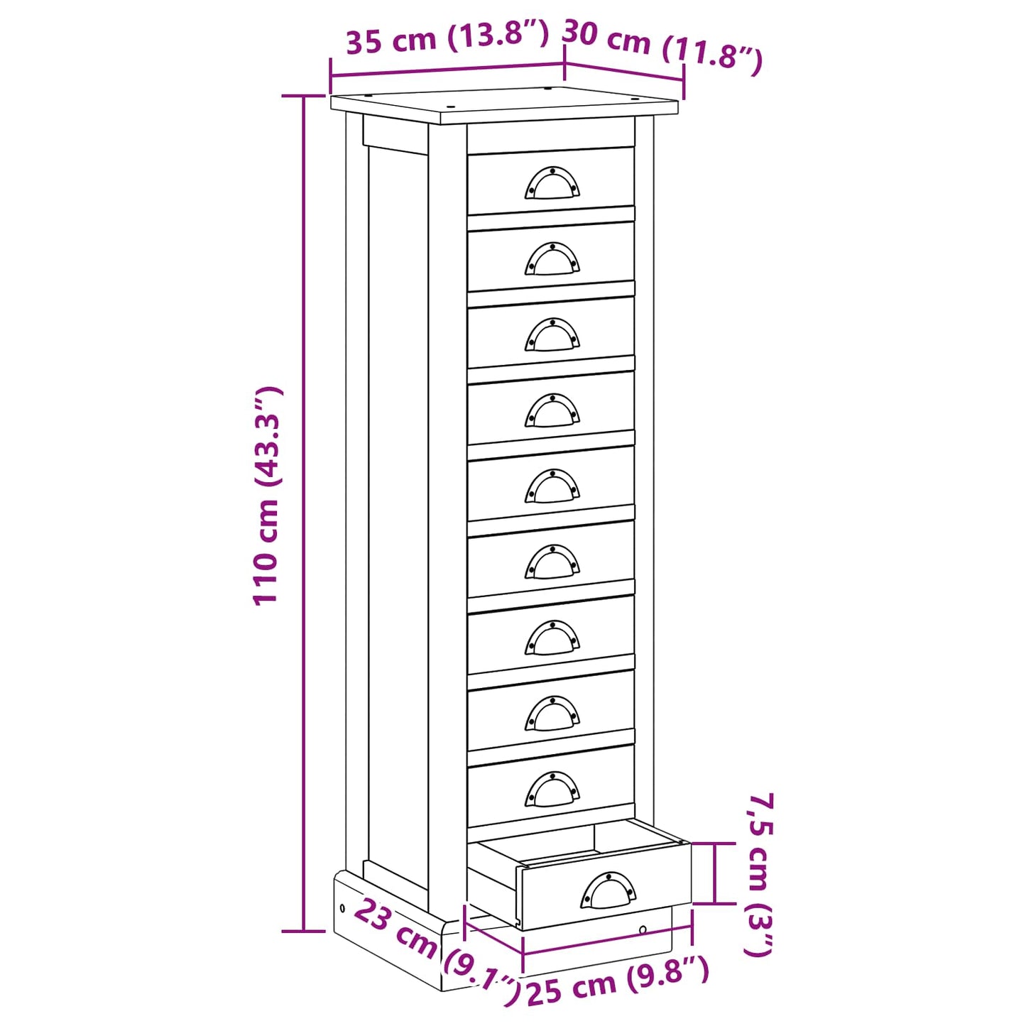 Chest of Drawers Natural 35 x 30 x 110 cm Solid Teak Wood