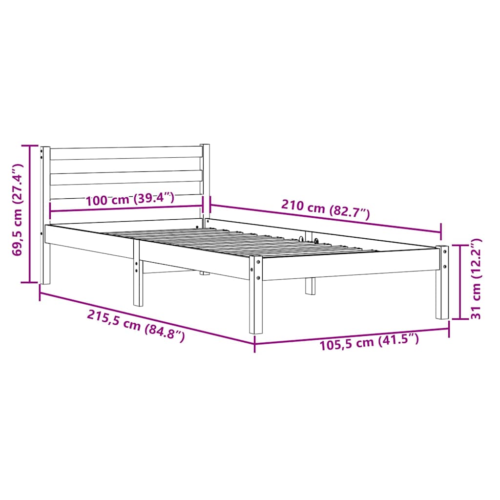 Bed Frame Brown 215.5 x 105.5 x 69.5 cm Solid Pine Wood