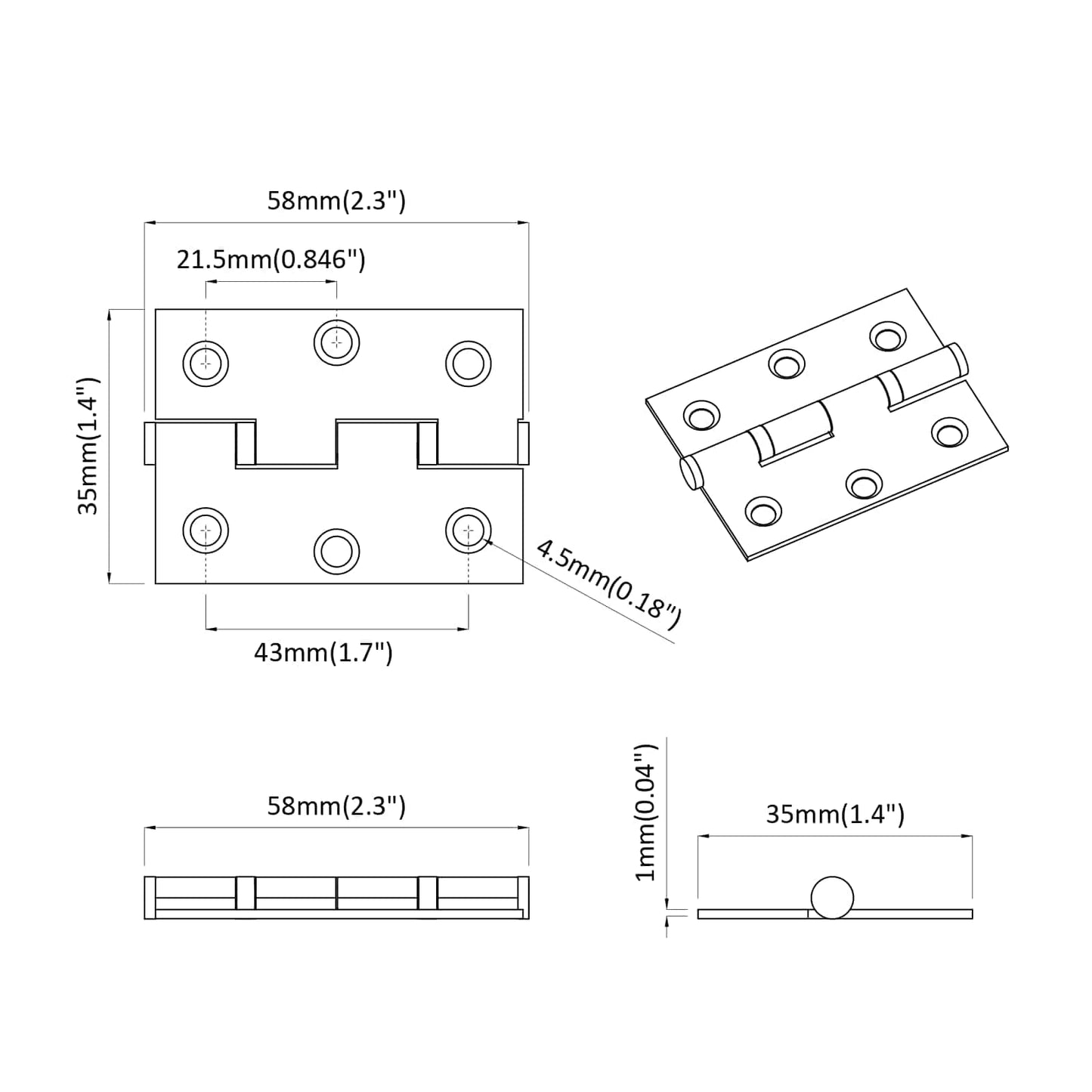 Hinge Plain 899 pcs Silver 58 x 35 x 1 mm Steel