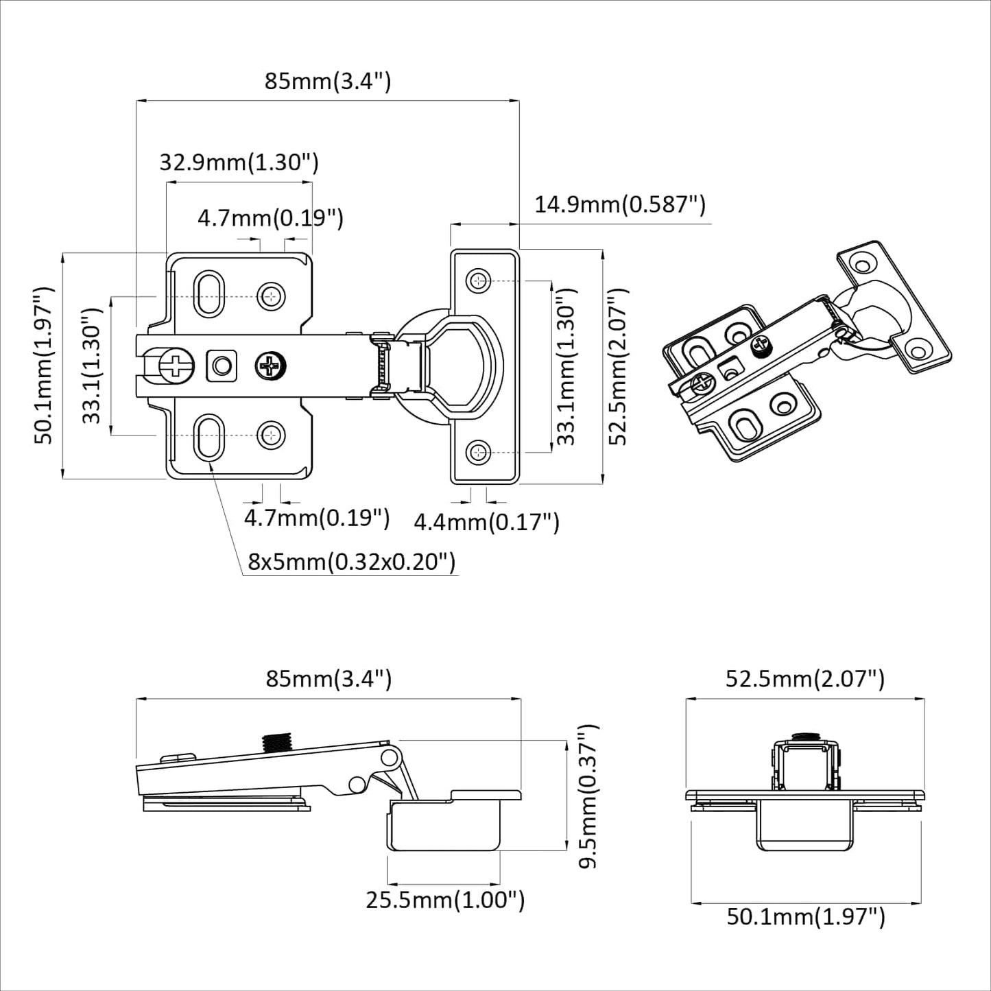 Hinge 254 pcs Nickel 85 x 52.5 x 9.5 mm Iron