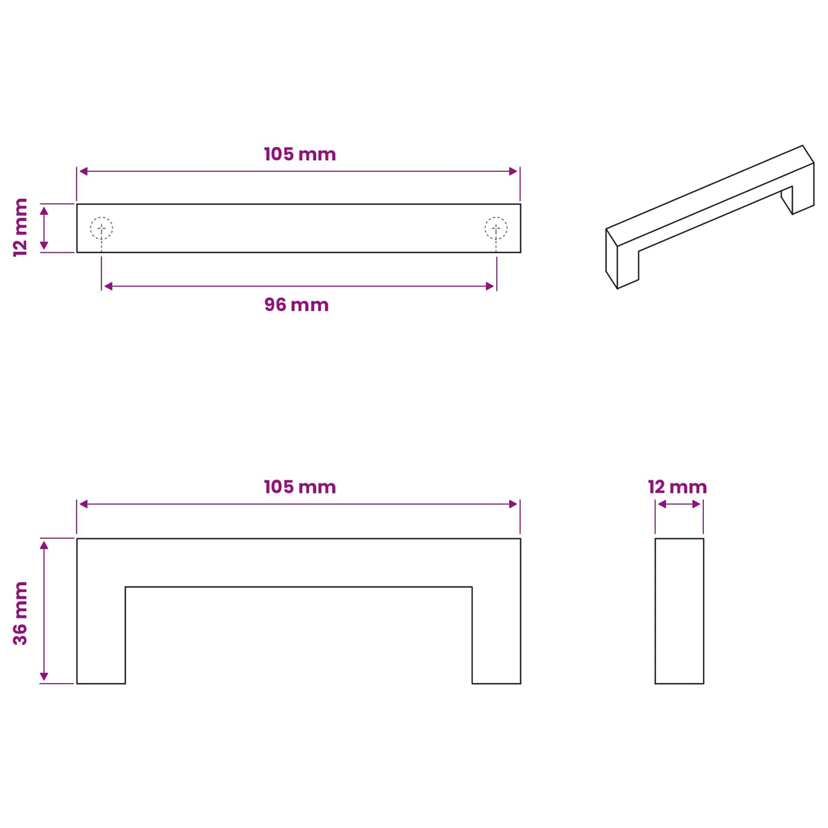 Furniture Handle 530 pcs Black 105 x 12 x 36 mm Iron
