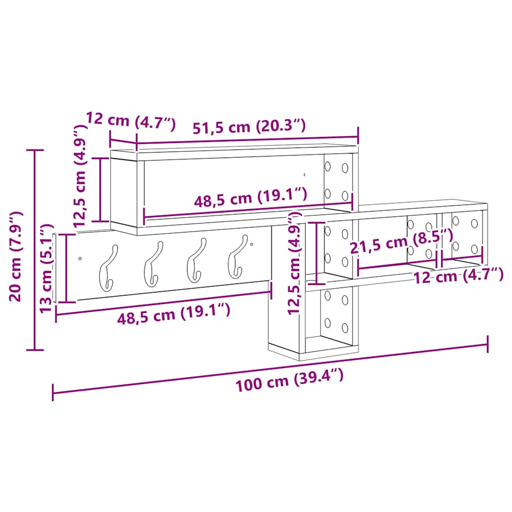 Wall-Mounted Coat Rack Wall-Mounted White 100 x 12 x 43.5 cm