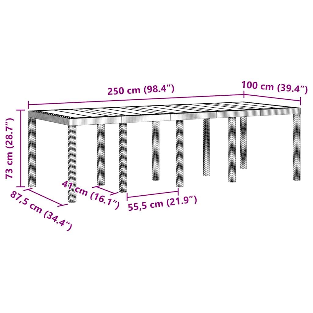Garden Table Light Grey 250 x 100 x 73 cm Poly Rattan