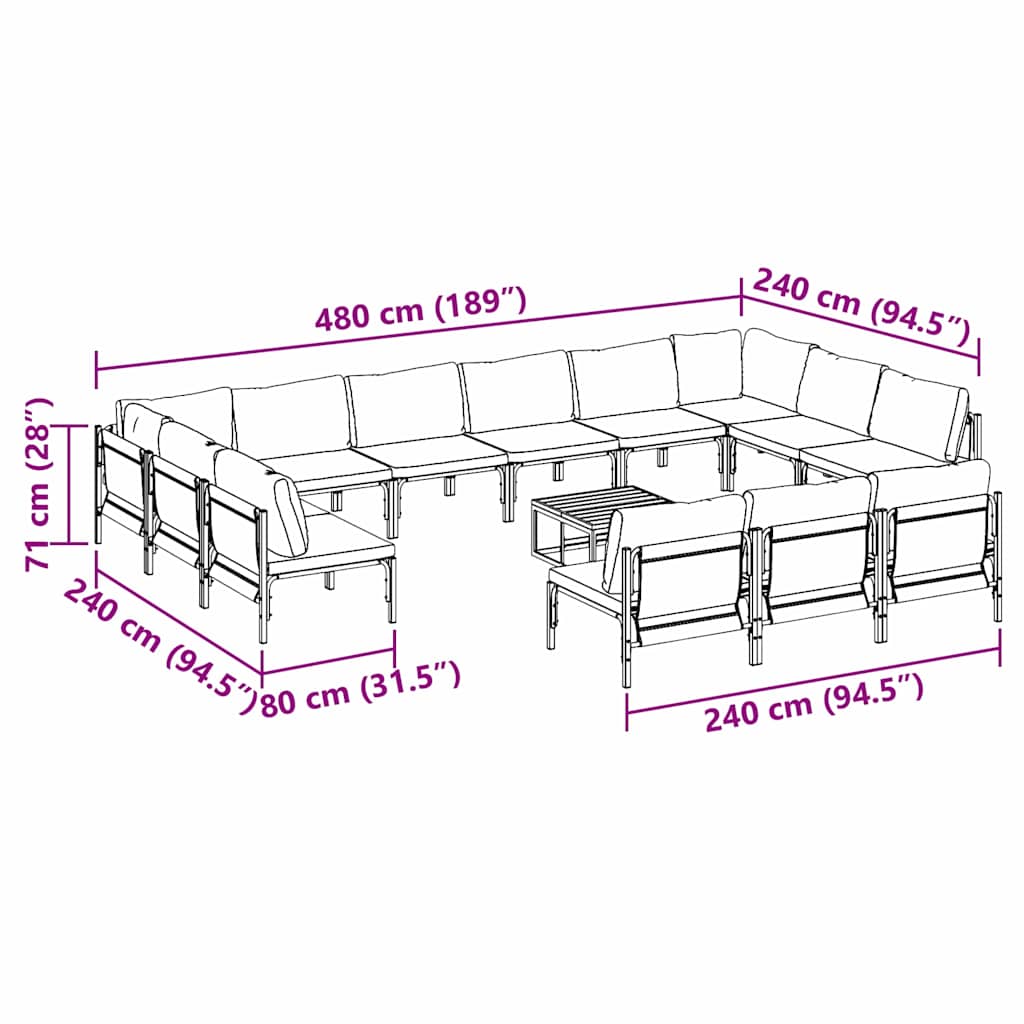 Garden Sofa Set with Cushion 14 pcs Black Steel