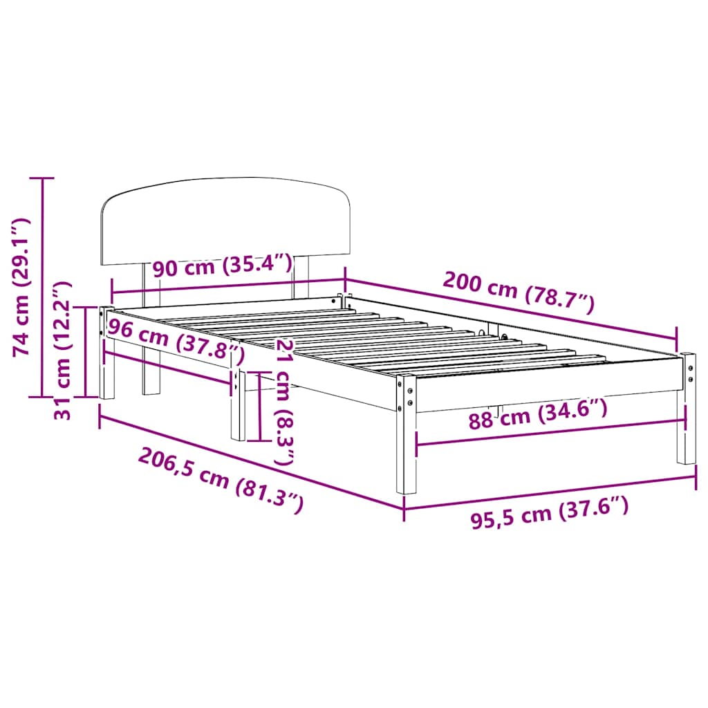 Bed Frame with Headboard Natural 90 x 200 cm Solid Pine Wood