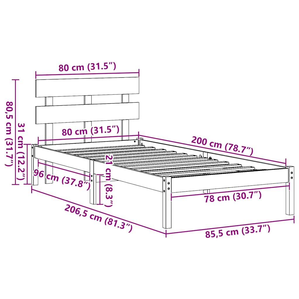 Bed Frame with Headboard White 80 x 200 cm Solid Pine wood