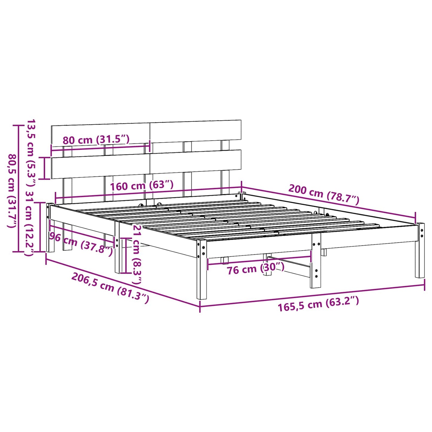 Bed Frame with Headboard White 160 x 200 cm Solid Pine wood