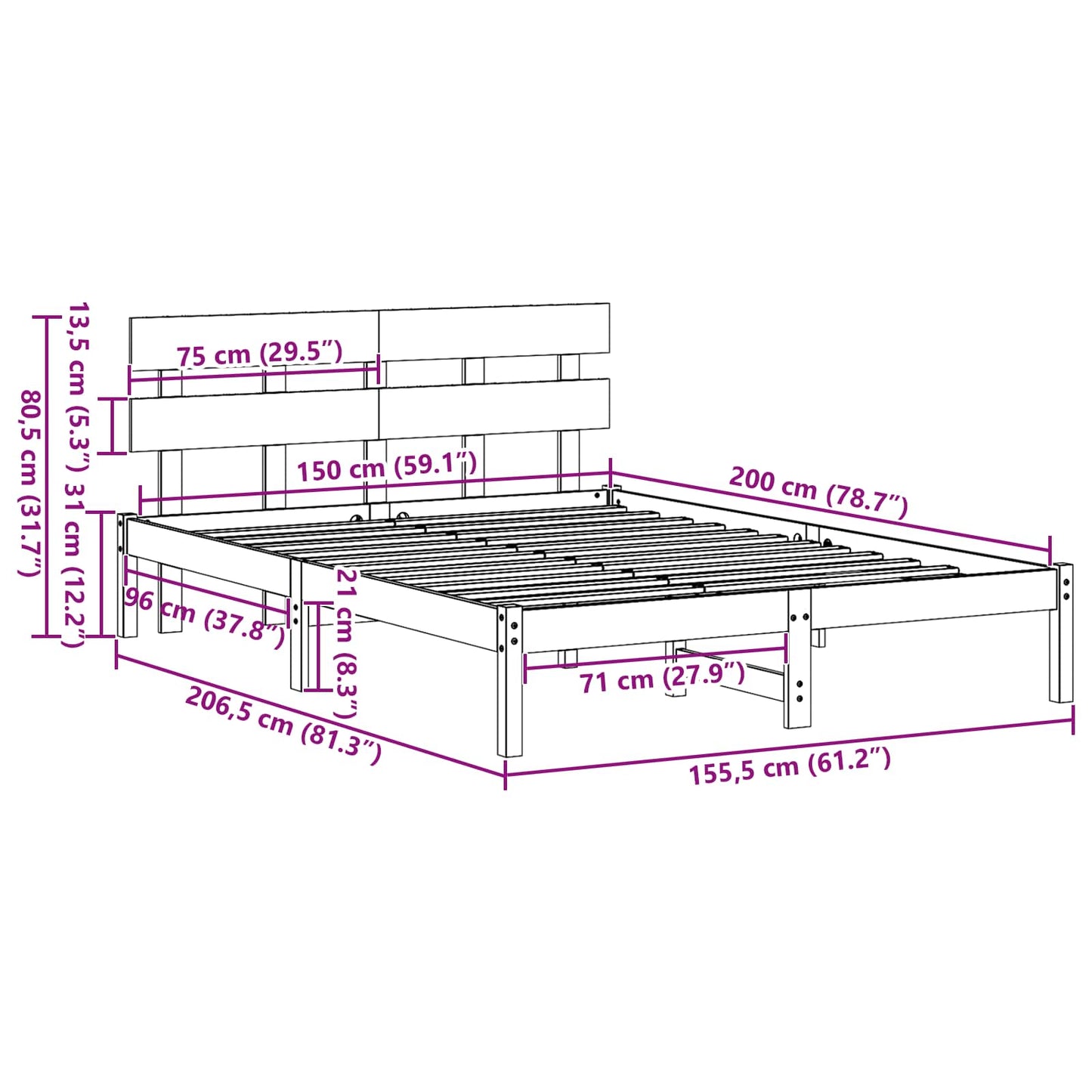 Bed Frame with Headboard White 150 x 200 cm Solid Pine wood