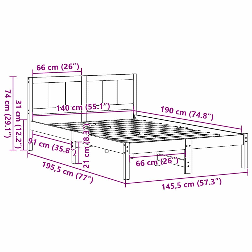 Bed Frame White 140 x 190 cm Solid Pine wood