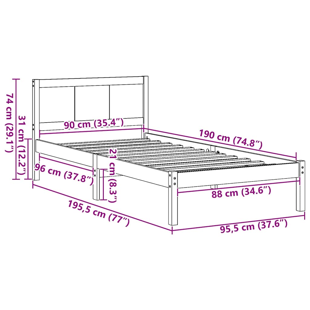 Bed Frame White 90 x 190 cm Solid Pine wood