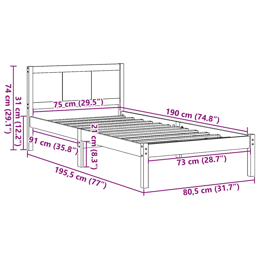 Bed Frame Brown 75 x 190 cm Solid Pine wood