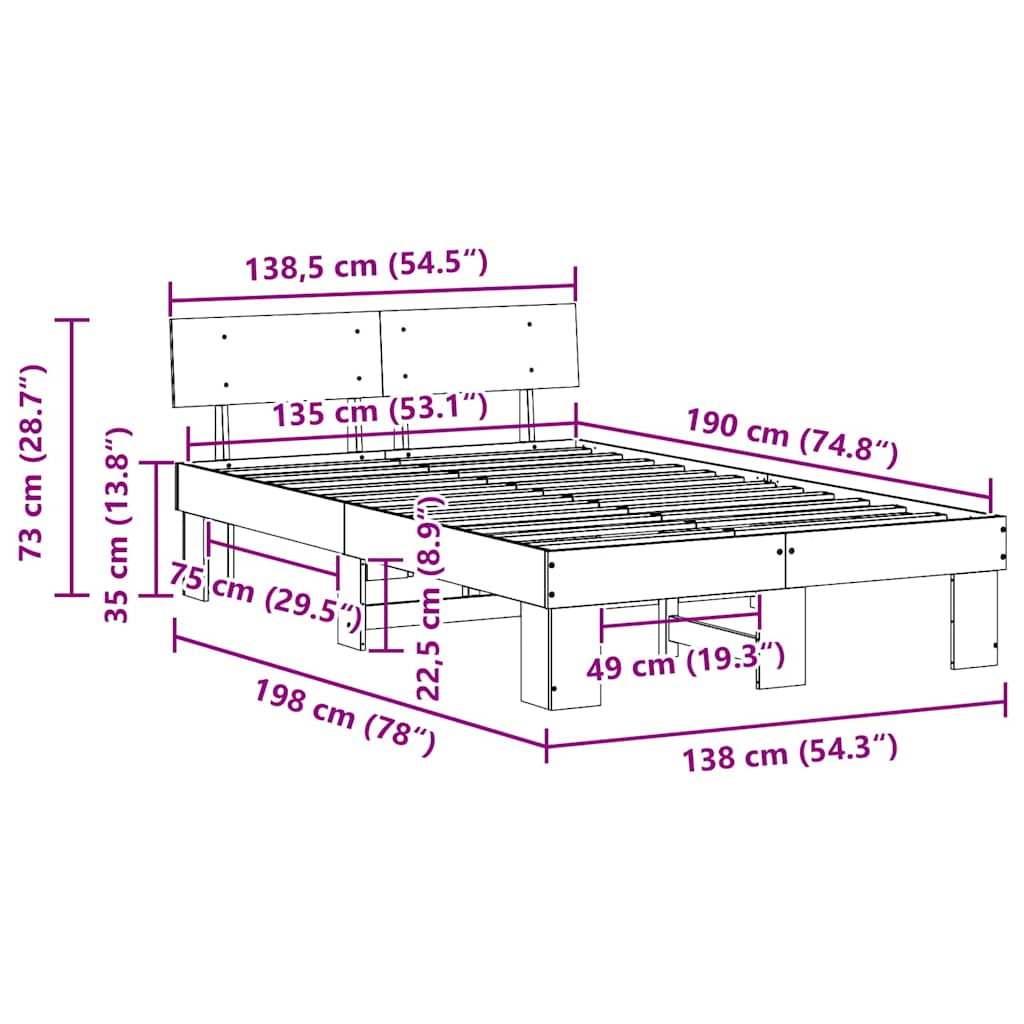 Bed Frame with Headboard White 135 x 190 cm Solid Pine Wood