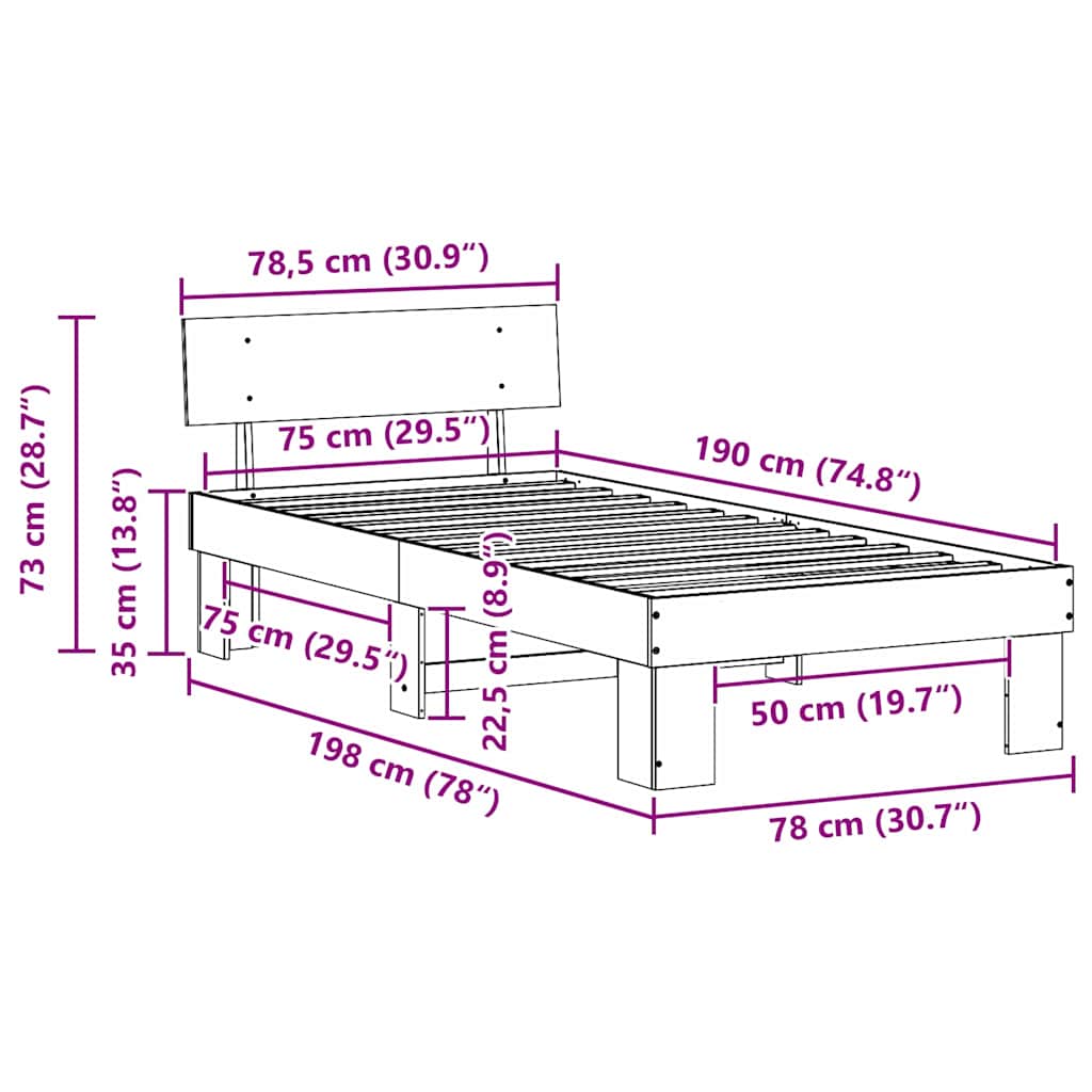 Bed Frame with Headboard Natural 75 x 190 cm Solid Pine Wood