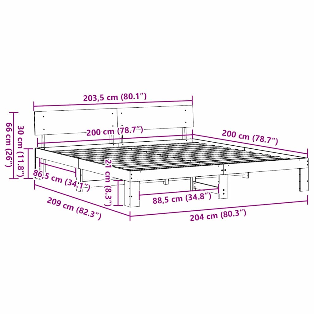 Bed Frame with Headboard Wax Brown 200 x 200 cm Solid Pine Wood