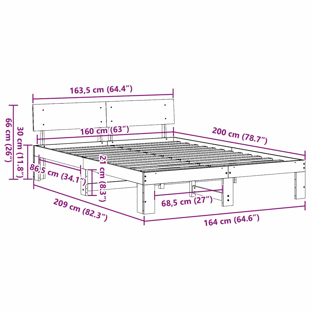 Bed Frame with Headboard Wax Brown 160 x 200 cm Solid Pine Wood