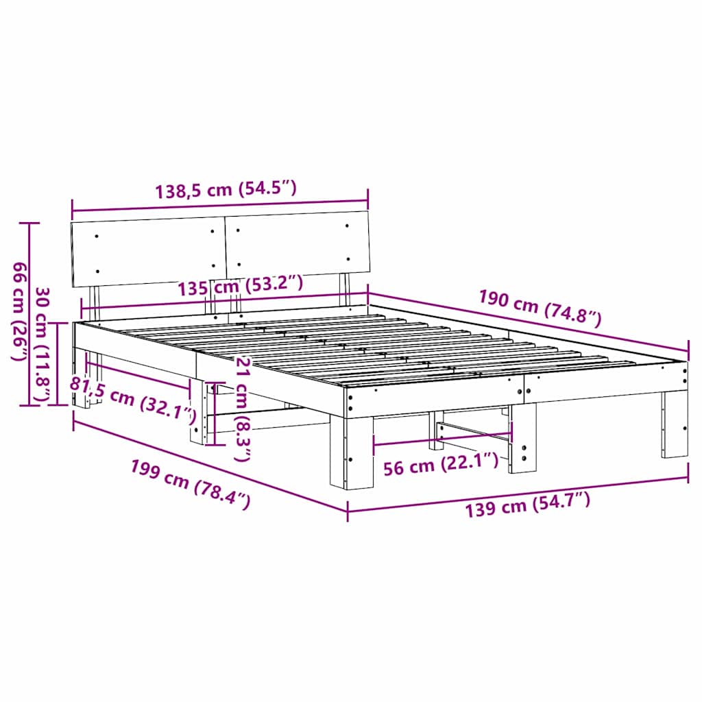 Bed Frame with Headboard Natural 135 x 190 cm Solid Pine Wood