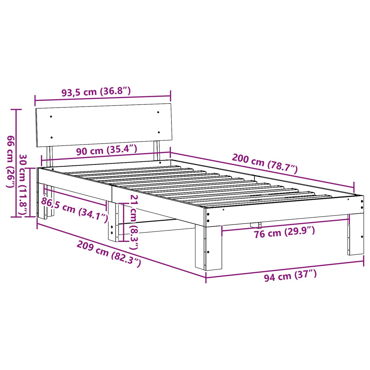 Bed Frame with Headboard White 90 x 200 cm Solid Pine Wood